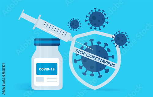Infographic covid - 19 vaccine with a syringe.mass vaccination against coronavirus. On a blue isolated background. Vector illustration