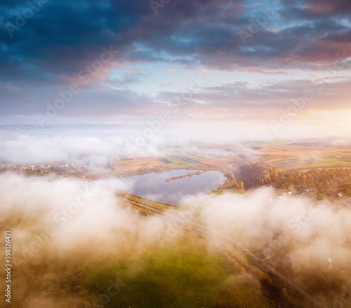 Wallpaper Mural Attractive top view of the misty valley in the morning. Aerial photography, drone shot. Torontodigital.ca