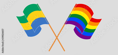 Crossed and waving flags of Gabon and LGBTQ