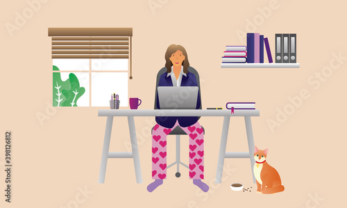 Woman well dressed from the Waist Up and on pajamas waist down