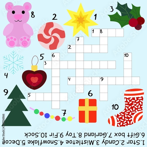 Funny children winter crossword stock vector illustration. Cartoon educational word game with answer below. Cartoon winter holidays crossword for kids in English printable worksheet. One of a series