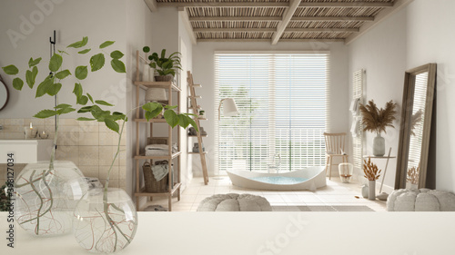 White table top or shelf with glass vase with hydroponic plant, ornament, root of plant in water, branch in vase, house plant, bathroom with bathtub in the background, interior design
