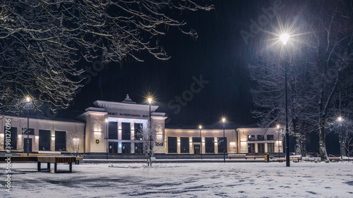 TRUSKAVETS, UKRAINE - NOVEMBER 29, 2020: Mineral water pump room in Truskavets, buvette, The Spring №1. Night city, first snow.