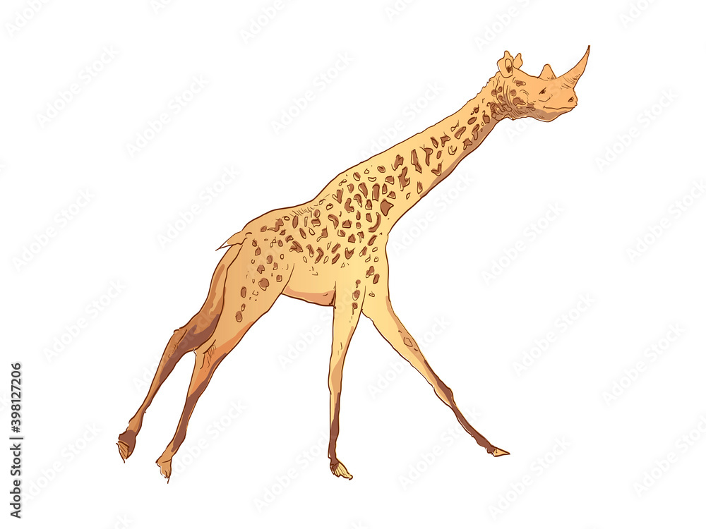 Obraz premium Unusual mixture of animals. Giraffe with a rhinoceros head. Hybrids species sketch. Fantasy art. Vector illustration clip art. 