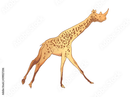 Unusual mixture of animals. Giraffe with a rhinoceros head. Hybrids species sketch. Fantasy art. Vector illustration clip art. 