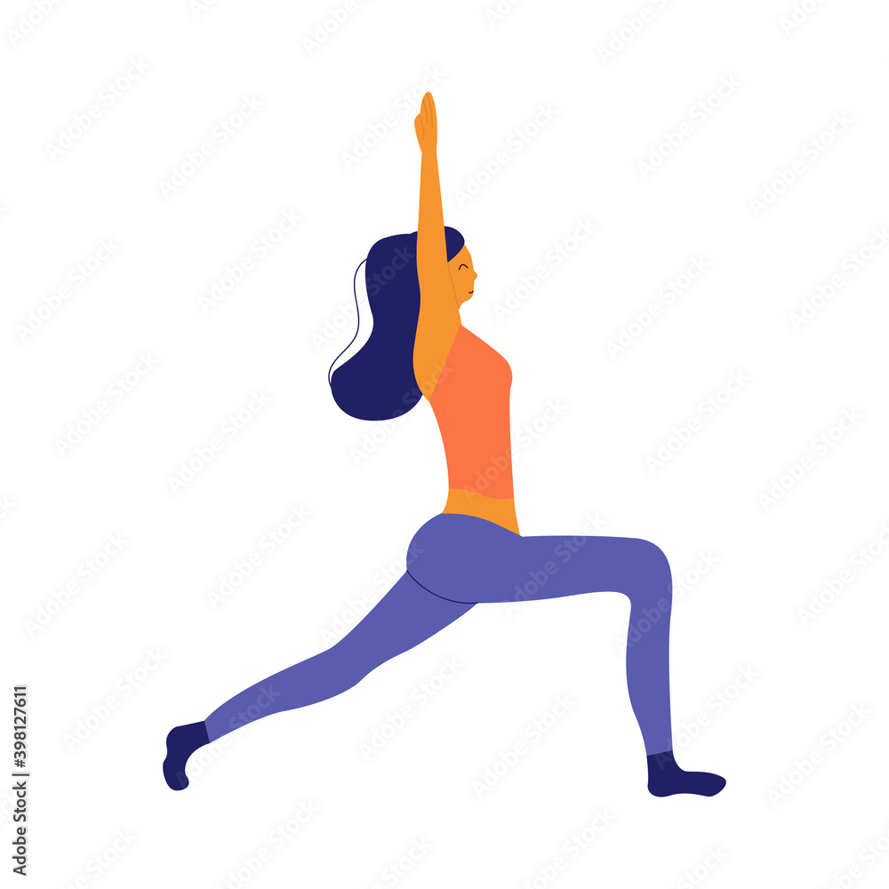 Girl is engaged in yoga in a lunge position on one leg and raising her arms up. Sports activities for stretching, meditation, balance, energy storage and health promotion. Flat vector isolated Girl is engaged in yoga in a lunge position on one leg and raising her arms up. Sports activities for stretching, meditation, balance, energy storage and health promotion. Flat vector isolated