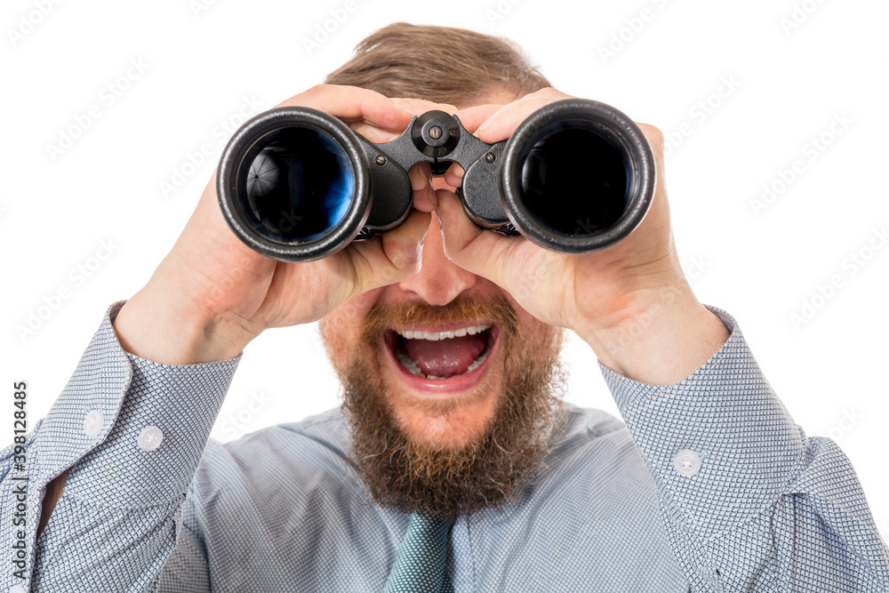 Soilid bearded man in shirt with binoculars Soilid bearded man in shirt with binoculars