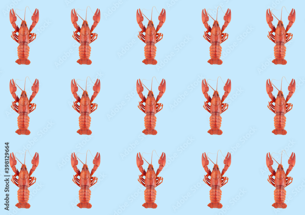 Fototapeta premium Pattern with red crayfishes on blue background, horizontal, top view