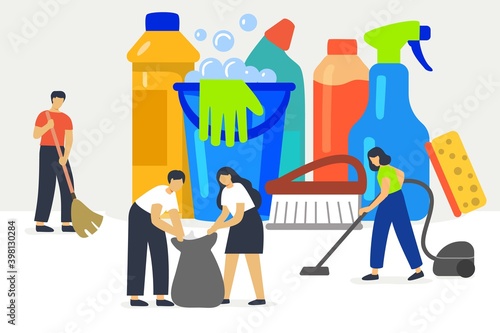 Cleaning service vector illustration concept Flat tiny dust and dirt washing Professional hygiene service for domestic households Sanitary chemical tools for laundry, floor, kitchen and toilet 