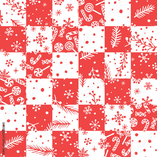 Vector seamless pattern in patchwork style with hand drawn Christmas elements. Cute design for wrappings, textile and backgrounds