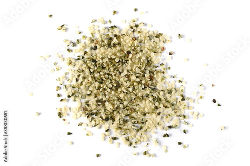 Peeled hemp seed isolated on white background, top view
