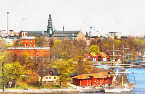 Cityscape of Stockholm colorful painting looks like picture, Sweden.