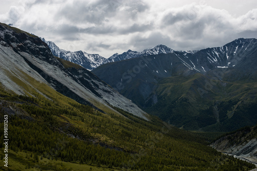 gray rocks, green forest and snow-capped mountains on the background-Altai © Павел Чигирь