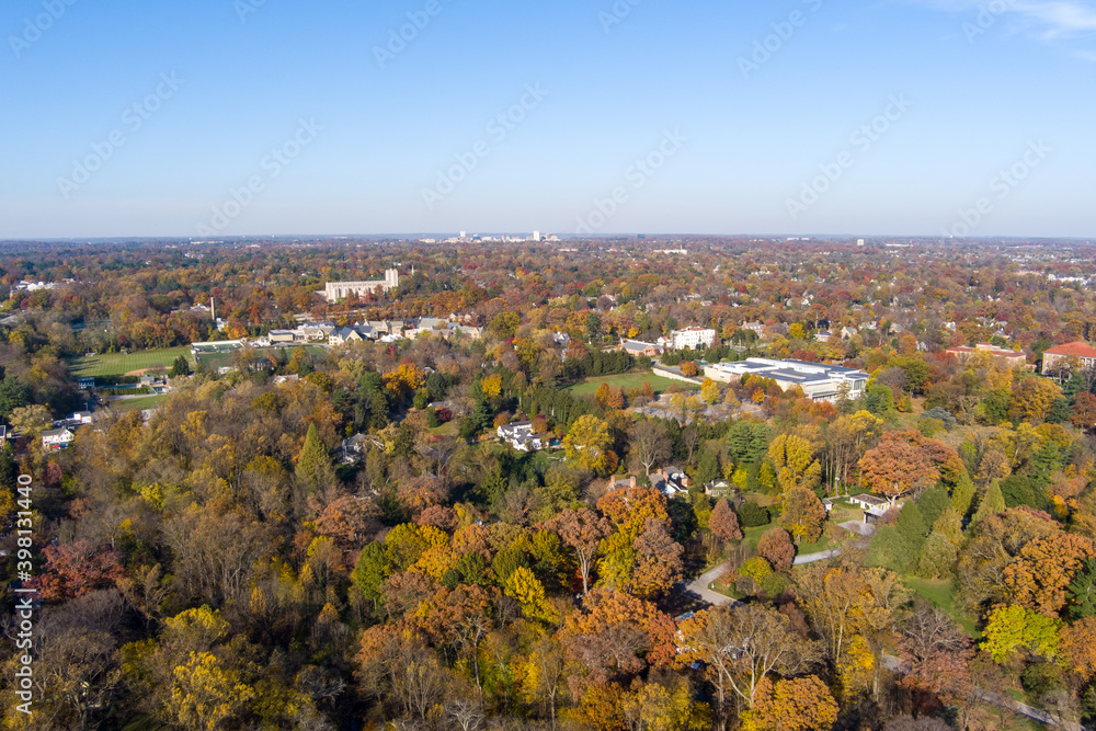 Aerial view of Baltimore, Maryland, taken above Roland Park. Towson, Maryland is on the horizon.