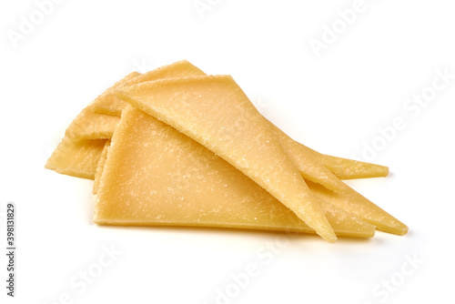 Parmesan Cheese slices, isolated on white background