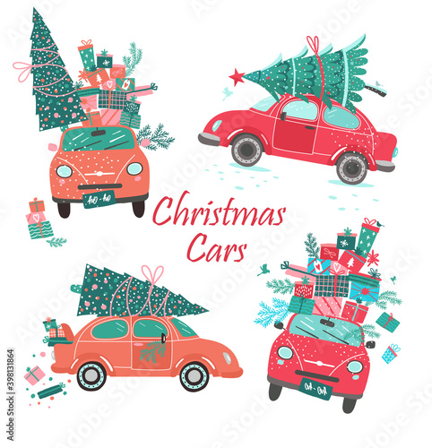 Vector Christmas cars set with tree and gifts. Cutr design set icons auto for yours new year layouts Christmas tree on car roof . Holiday background icons set illustration