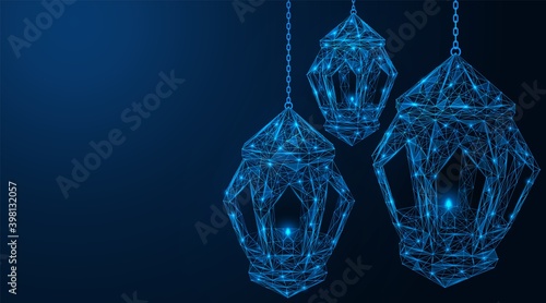 Vintage Muslim hanging lamps. Polygonal construction of concatenated lines and points. Blue background.