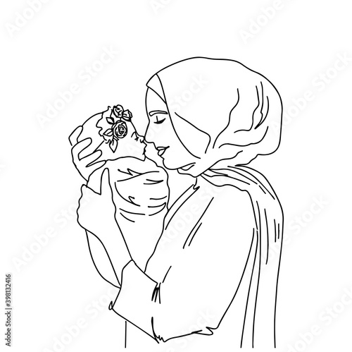 Arabic happy mum with child. Line art, Mothers day greeting card. Muslim mom. Mom and girl are smiling and hugging. Family holiday and togetherness. Vector eps 10