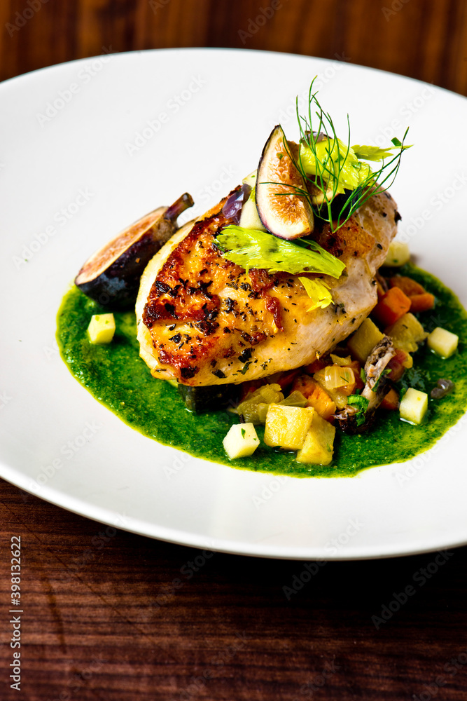 Chicken breast, pan seared to a crispy golden brown in brown butter and served with farm fresh organic vegetables: carrots, Brussels sprouts and green beans. Classic American restaurant favorite. Chicken breast, pan seared to a crispy golden brown in brown butter and served with farm fresh organic vegetables: carrots, Brussels sprouts and green beans. Classic American restaurant favorite.