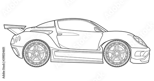 Adult coloring page for book and drawing. Funny vector illustration. High speed drive vehicle. Graphic element. Car wheel. Black contour sketch illustrate Isolated on white background.