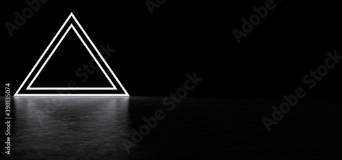 Glowing pyramid in dark space. Glowing stripes form a pyramid. Two glowing triangular frames in the shape of a pyramid. 3D Render
