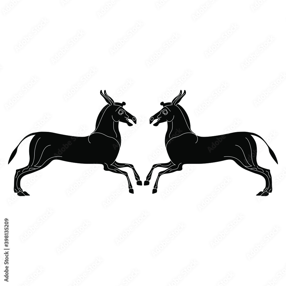 Symmetrical animal decor with two stylized running donkeys. Ancient Greek  vase painting motif. Black and white silhouette. Stock Vector | Adobe Stock