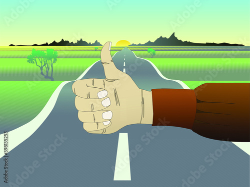 Vector illustration of a hand raised with a hitchhiker's sign on the background of a road crossing the countryside