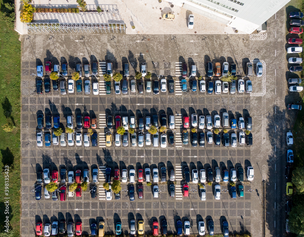 Aerial drone view above cars
