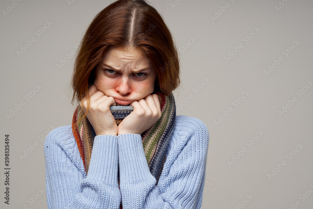 woman in warm clothes scarf runny nose health problems flu infection woman in warm clothes scarf runny nose health problems flu infection