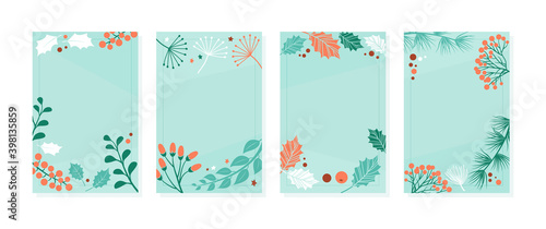 Christmas card template, winter vector banners, vintage nature cover, decoration background with plants branch, leaves and berries. Holiday illustration