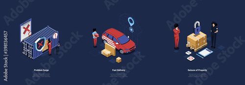 Composition Of Three Different Vector Illustrations In Cartoon 3D Style. Vector Isometric Objects With Writings On Delivery Service Concept. Cargo Problem, Fast Transfer And Seizure Of Gear Property photo