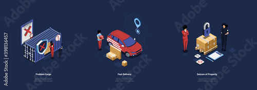 Composition Of Three Different Vector Illustrations In Cartoon 3D Style. Vector Isometric Objects With Writings On Delivery Service Concept. Cargo Problem, Fast Transfer And Seizure Of Gear Property