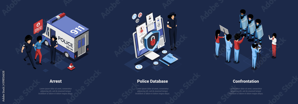 Three Police Related Concept Illustrations In Cartoon 3D Style. Separate Isometric Vector Compositions With Characters. Officer Arrest, Police Database And Human Confrontation Ideas With Writings