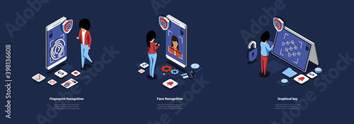 Technology Of Human Recognition Fingerprint, Face And Graphical Key. Vector Illustration In Cartoon 3D Style. Isometric Composition Of Three Gadget Personalization Methods With Characters And Phones