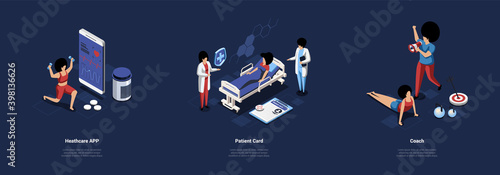 Three Separate Compositions, Sport And Healthcare Concept. Vector Illustration In Cartoon 3D Style. Isometric Art Of Training Phone Application, Patient Personal Medical Card And Private Fitness Coach