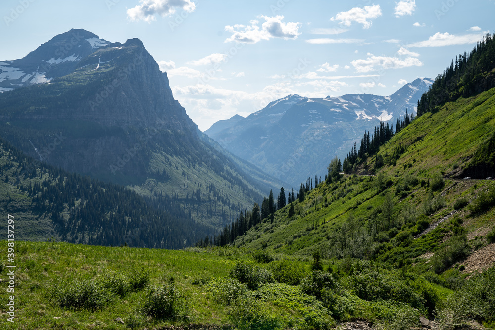 Mountain scenery along Going to the Sun Road in Glacier National Park Montana in summer