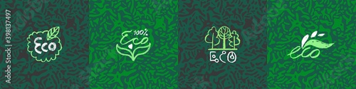 Eco badges set in vector hand-drawn style. Hand lettering collection of Green Thinking symbols. Ecology icon set on abstract nature pattern. Eco-friendly emblem for environment concept. Sign design
