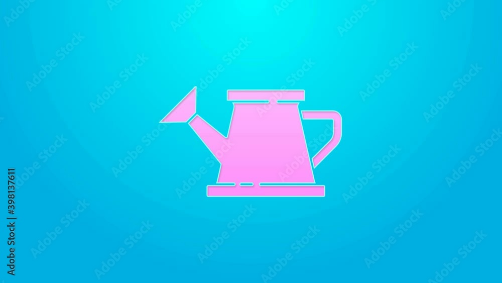 Pink line Watering can icon isolated on blue background. Irrigation symbol. 4K Video motion graphic animation Pink line Watering can icon isolated on blue background. Irrigation symbol. 4K Video motion graphic animation