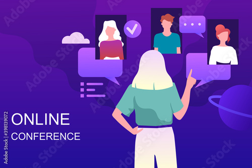 Remote communication and work. Girl in online chat. Vector cartoon illustration. Freelance and online training. Customer service. Template for web page, landing page, banner. Social network

