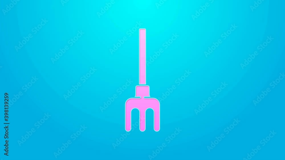 Pink line Garden rake icon isolated on blue background. Tool for horticulture, agriculture, farming. Ground cultivator. 4K Video motion graphic animation Pink line Garden rake icon isolated on blue background. Tool for horticulture, agriculture, farming. Ground cultivator. 4K Video motion graphic animation