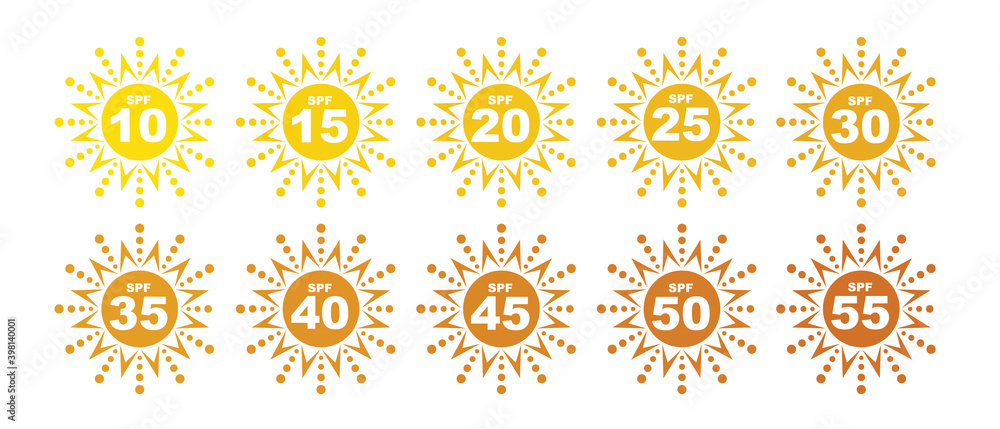 Set of SPF Protection Icons with Suns UV Block Symbols Set of SPF Protection Icons with Suns UV Block Symbols