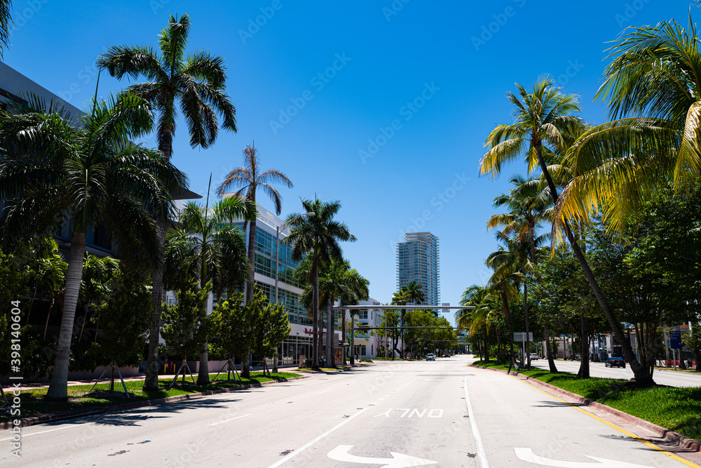 Miami Beach, Florida, USA - May, 2020: Street buildings on Miami, road.