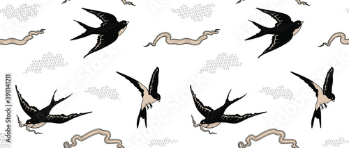 Seamless vector pattern with swallows and ribbons. Traditional style tattoo. Design for paper, cover, fabric, interior decor