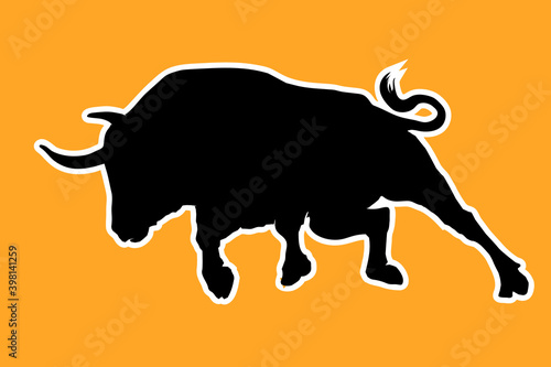 black silhouette of a running bull on an orange background for stickers and decoration
