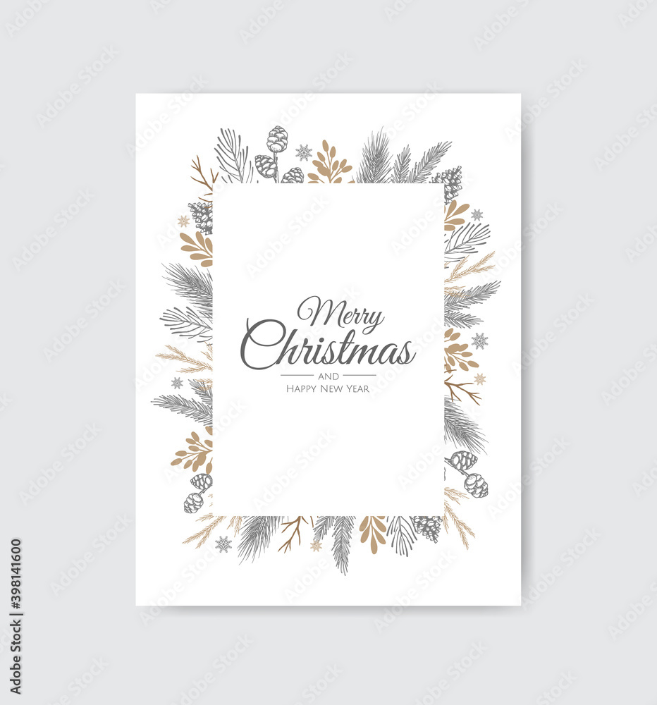 Merry Christmas greeting card with new years tree. Hand drawn design vector illustration.