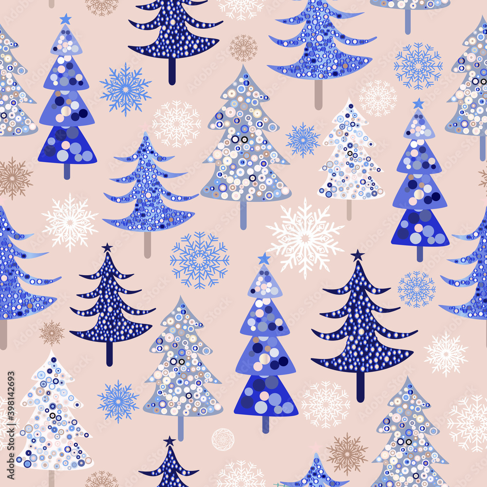 Seamless New Years pattern. Abstract Christmas trees and snowflakes. Print on fabric and wrapping paper. 2021 Seamless New Years pattern. Abstract Christmas trees and snowflakes. Print on fabric and wrapping paper. 2021