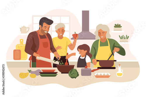 Happy family cooking in cozy bright modern kitchen. Vector flat illustration isolated on white background with parents spending time with two children, talking, laughing and eating healthy meal