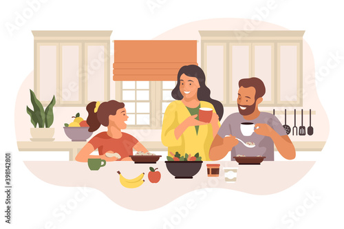 Happy family having breakfast in cozy bright modern kitchen. Vector flat illustration isolated on white background with parents who spend time with child, talking, laughing and eating healthy meal