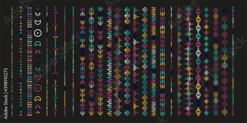 Color ethnic line ornaments. Tribal geometric design, aztec style, native americans texile. Vector elements for brushes, textures, patterns.