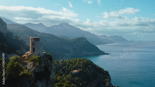 Aerial view Torre del Verger in Banyalbufar Touristic Town in Mallorca (Majorca), Es Port des Canonge, Serra de Tramuntana